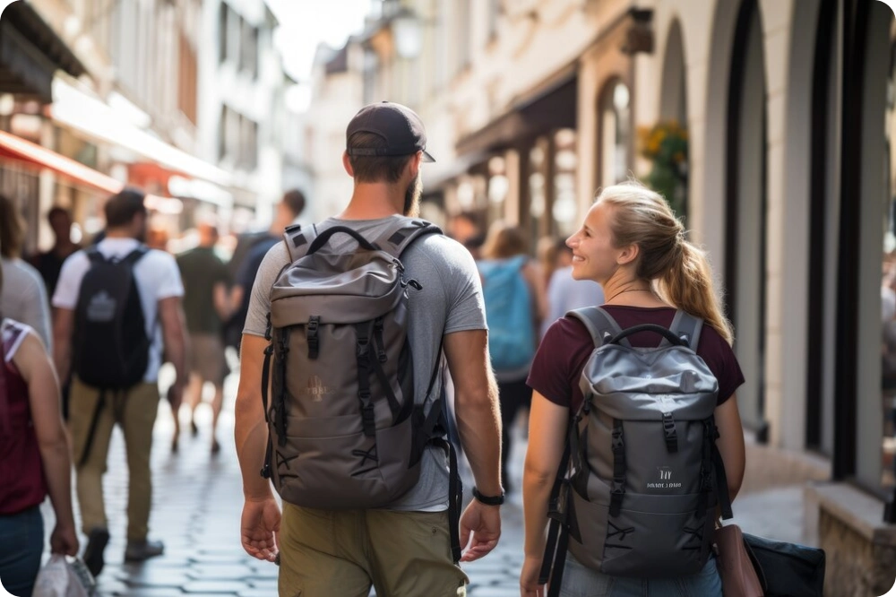 Two tourists walking